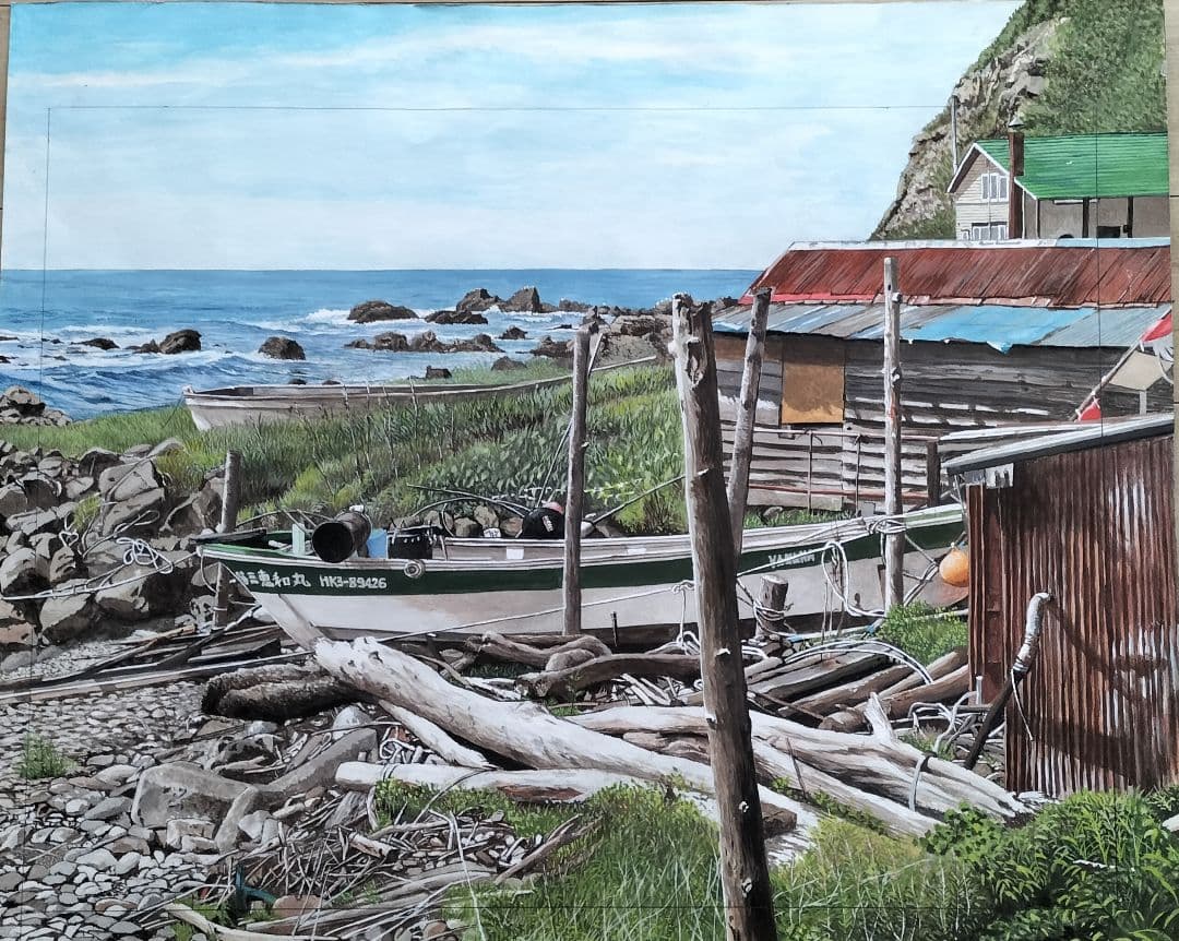 石狩の浜を描いた水彩画 F30号サイズ 特価 浜の風景 水彩画 F30