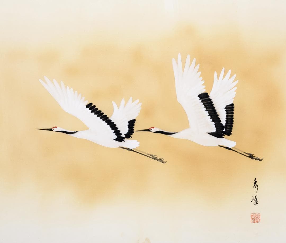 F10 肉筆水彩 日本画 『鶴』 高級木製額縁付属 外寸約713×638mm