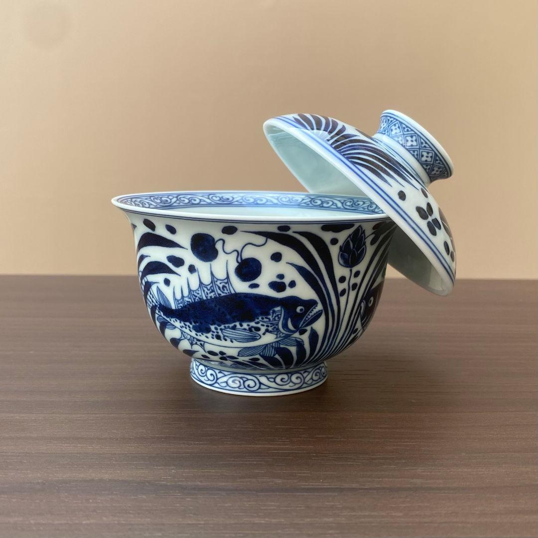 景徳鎮 元青花磁器魚藻紋懸停二才蓋碗 茶碗 煎茶器