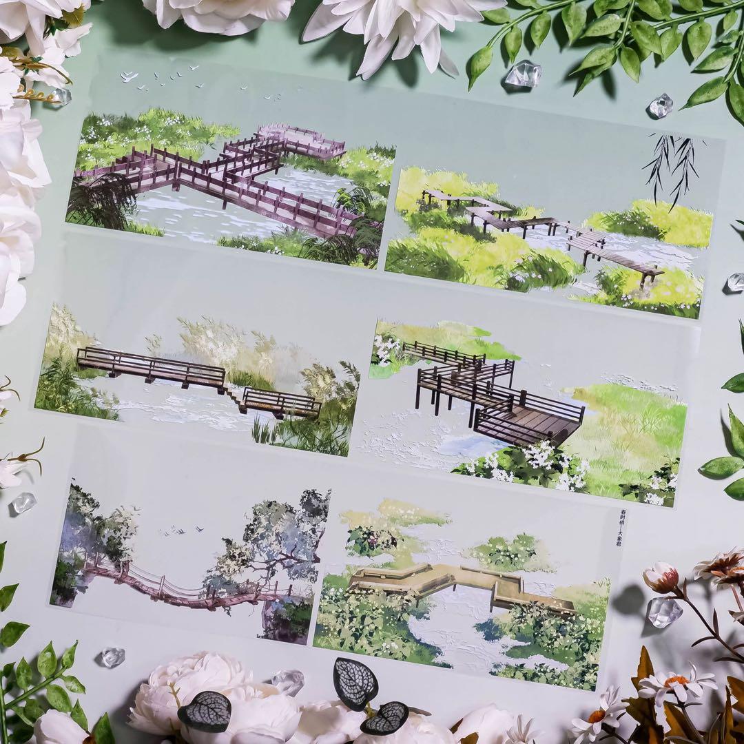 8881】海外 マステ 5m巻 PETマスキングテープ 橋 池 春景色背景系