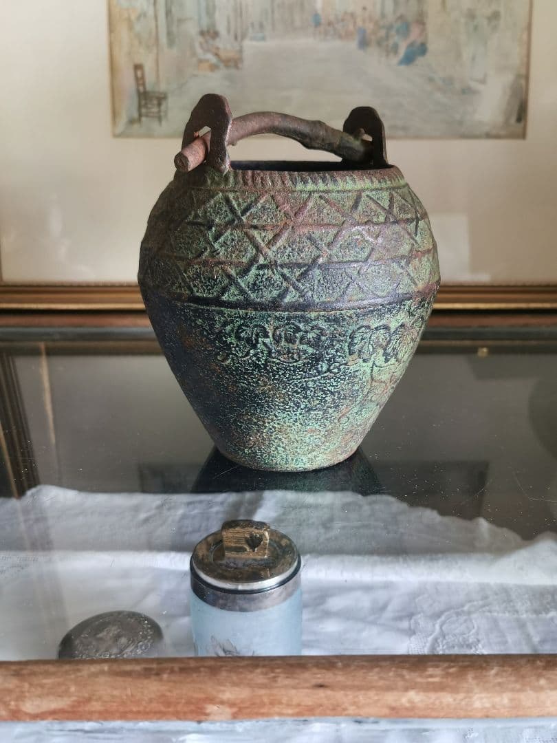 和骨董 青銅花瓶 美しい緑青 朝顔/蔦葉紋 竹象手付き花器 花入れ
