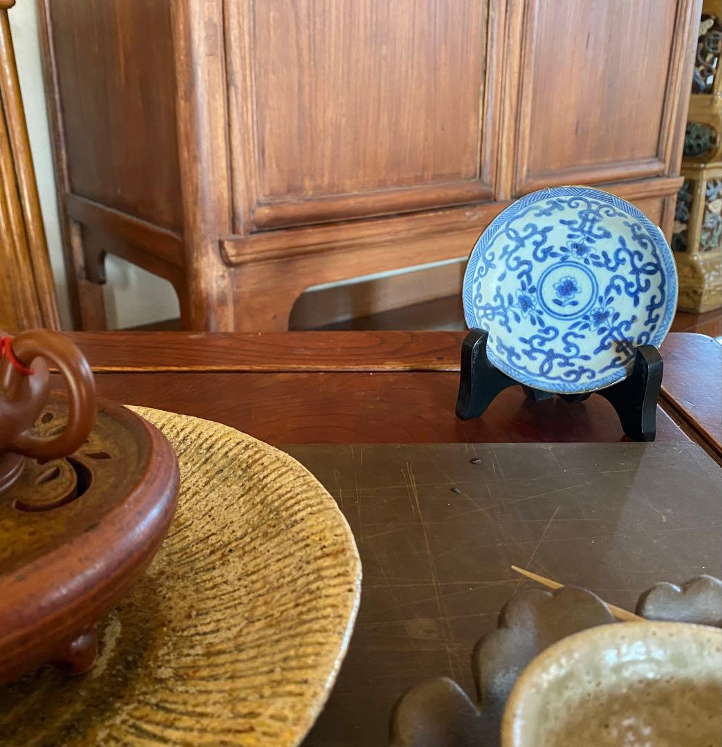 景徳鎮窯 染付絵皿 鑑賞台付 ・沈船品 ヴィンテージ レア ・台湾茶器