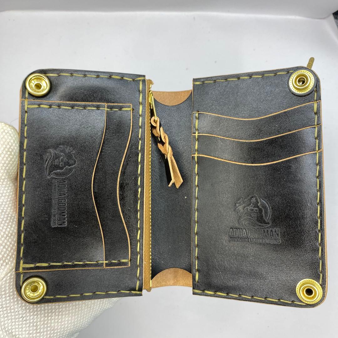 左小銭verお札折らずに収納できる無骨な手染めミドルトラッカーウォレット BTW