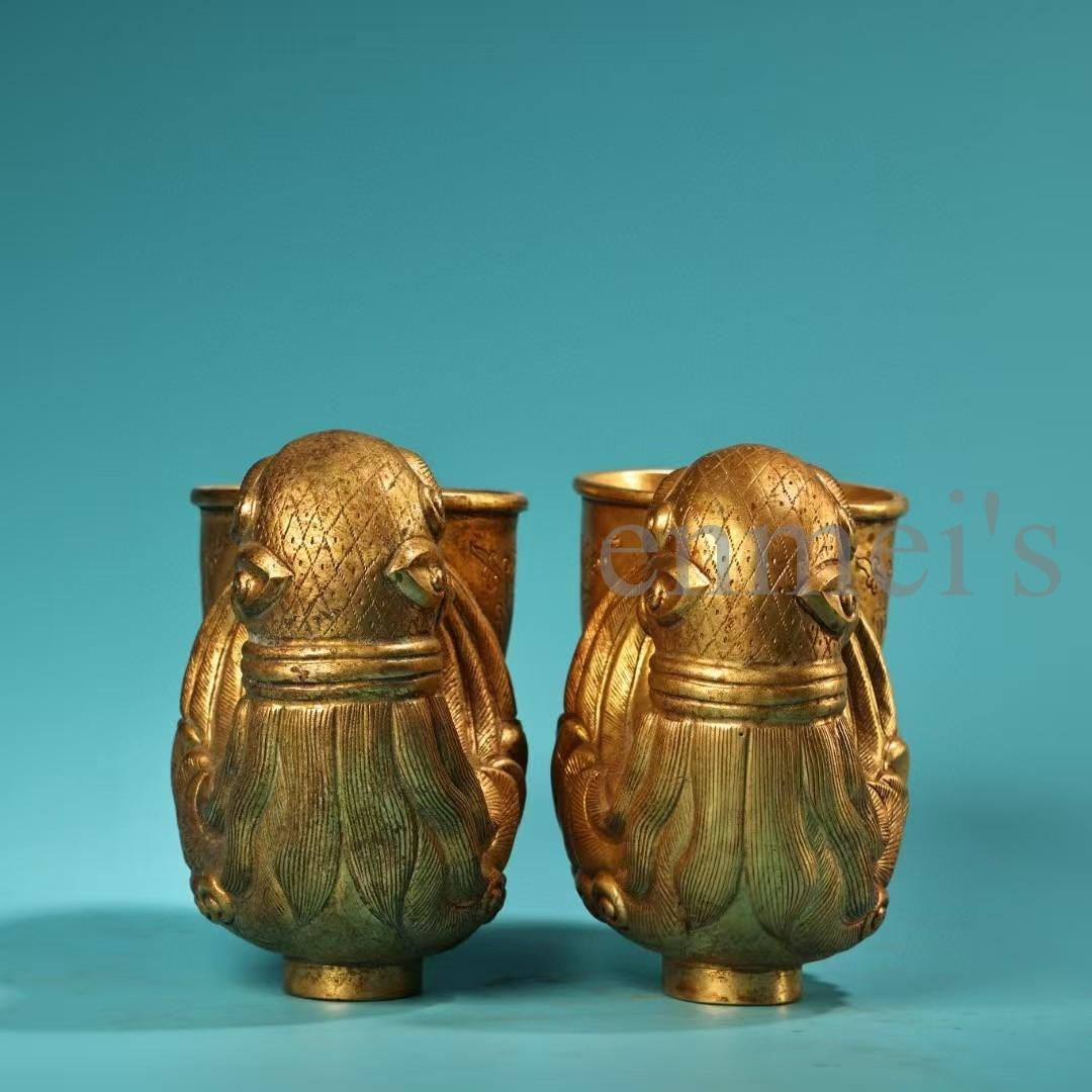 中国古美術・旧蔵純銅製・鎏金鳳凰酒杯一対・ワイングラス・高浮彫・