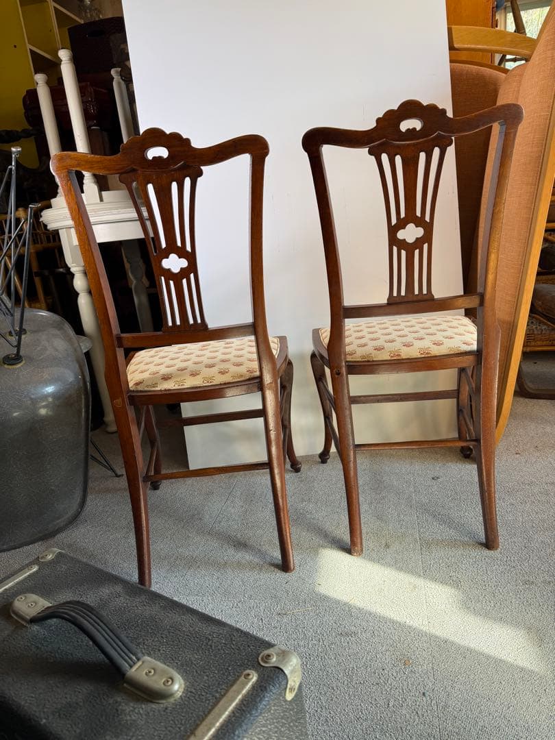 英国製 アンティーク ダイニングチェア 2脚 猫脚 透かし彫 クイーン