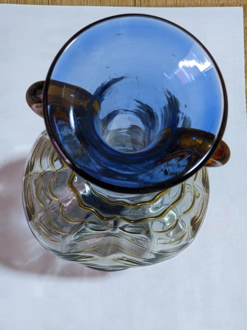 ♢西洋アンティーク 扁壺双耳 ガラス花瓶 アールヌーボー ？フランス