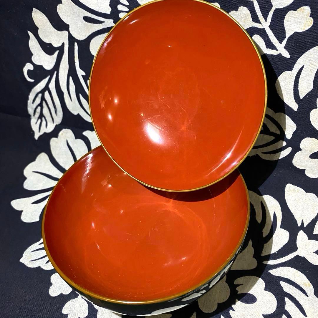 時代物骨董　大正以前　青漆吸物椀　天然木本漆　松柄金蒔絵　緑に内朱　懐石椀　五客