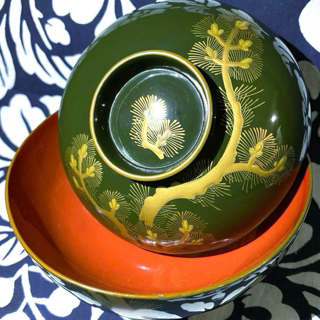 時代物骨董　大正以前　青漆吸物椀　天然木本漆　松柄金蒔絵　緑に内朱　懐石椀　五客