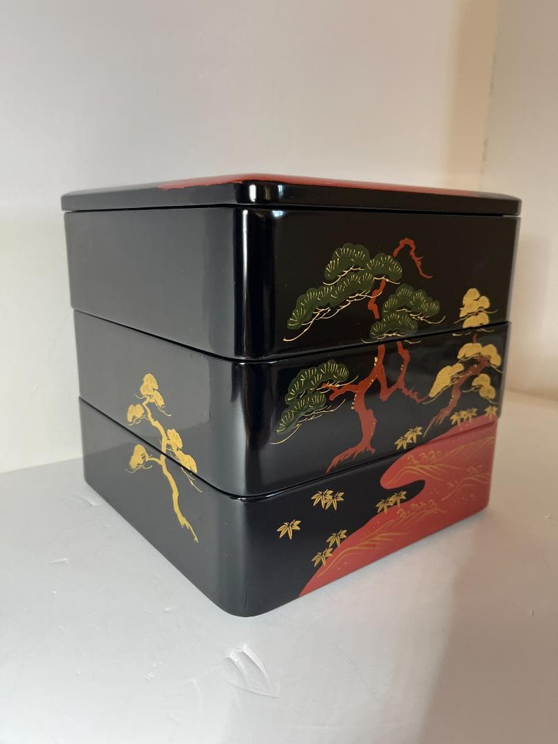 【未使用】　黒内洗朱　木製　目黒廣太謹製　三段重　重箱