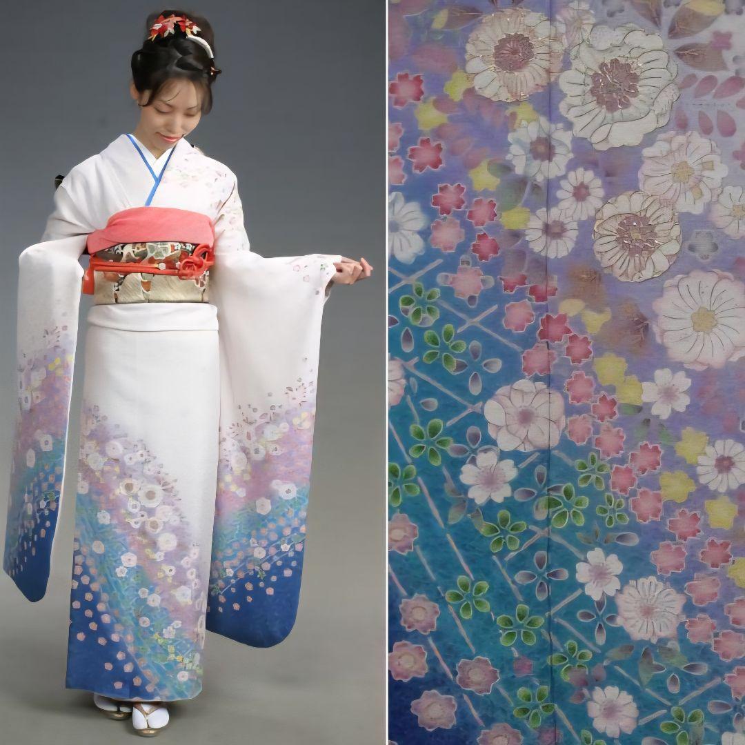 長尺袋帯付き フルセット 正絹振袖 白地ブルーグラデーション桜柄 卒業