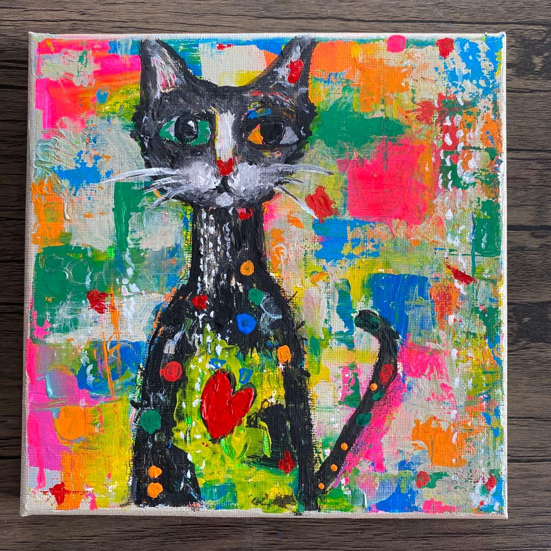 POPアート 「カラフルな猫」の絵画 抽象画 アクリル絵 キャンバス18×18