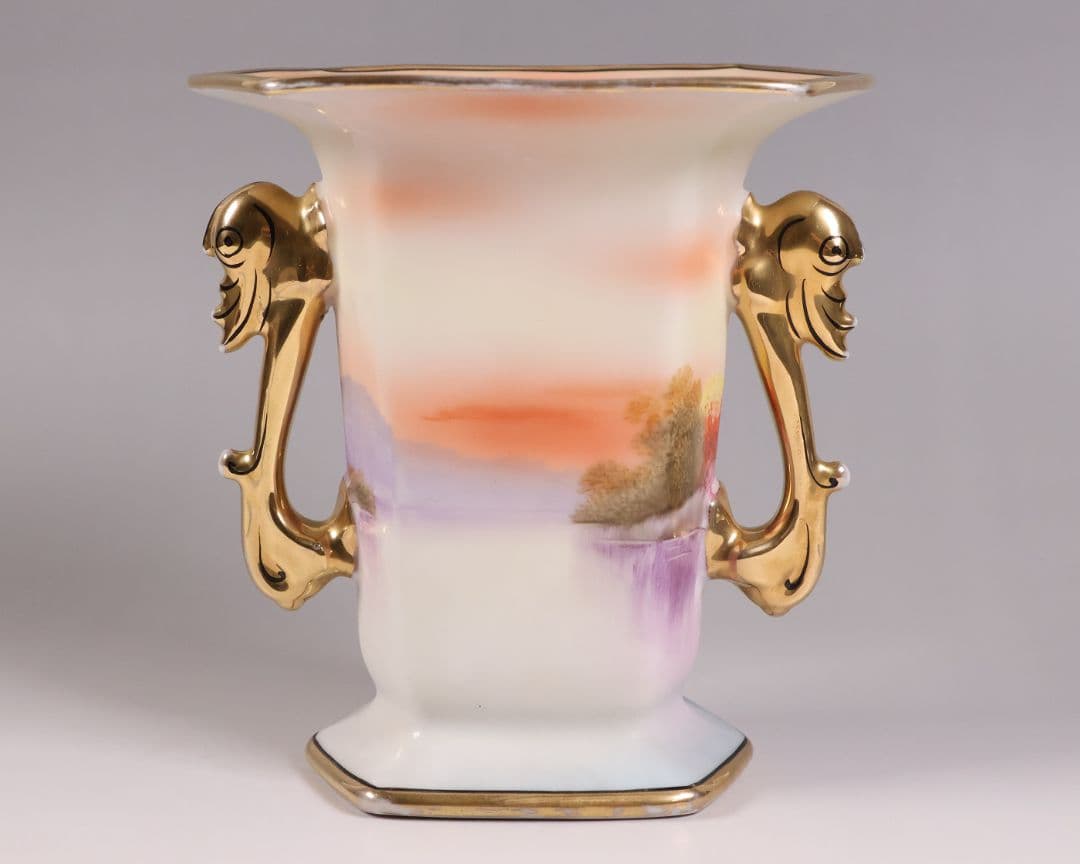 【CM305】オールドノリタケ 湖畔の風景 白鳥 花瓶 15.5cm 耳付 花入