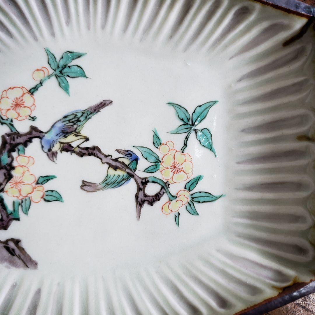 変形皿 角皿 舟形 古九谷 色絵付 鳥 梅 明治 大正 銘 角福
