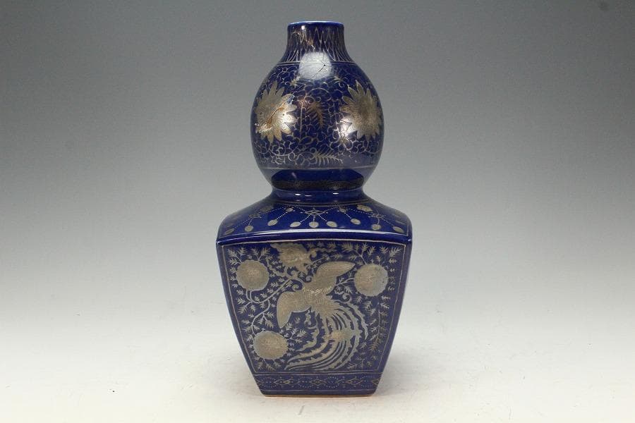 中国美術 瑠璃釉 銀彩 纏枝蓮花鳳紋 瓢瓶(K-XA832)