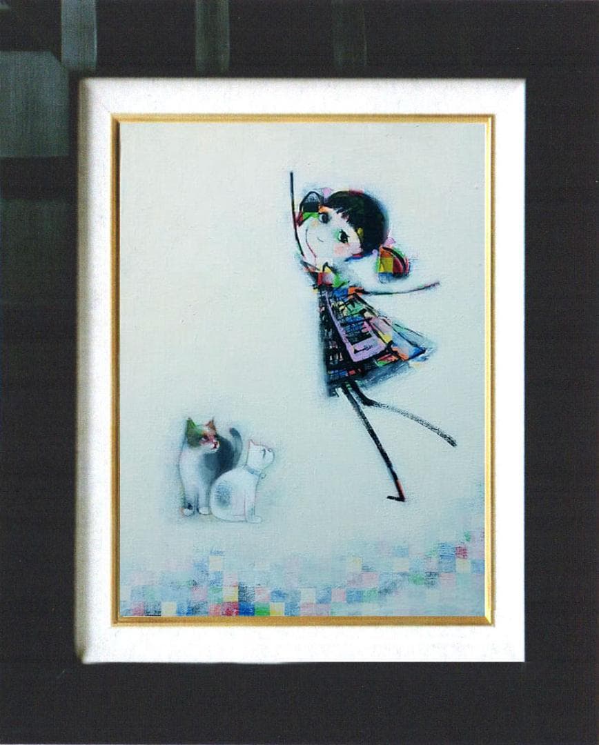 油絵 菅家令子 絵 絵画 インテリア 額付(銀) F4-030419 猫と女の子
