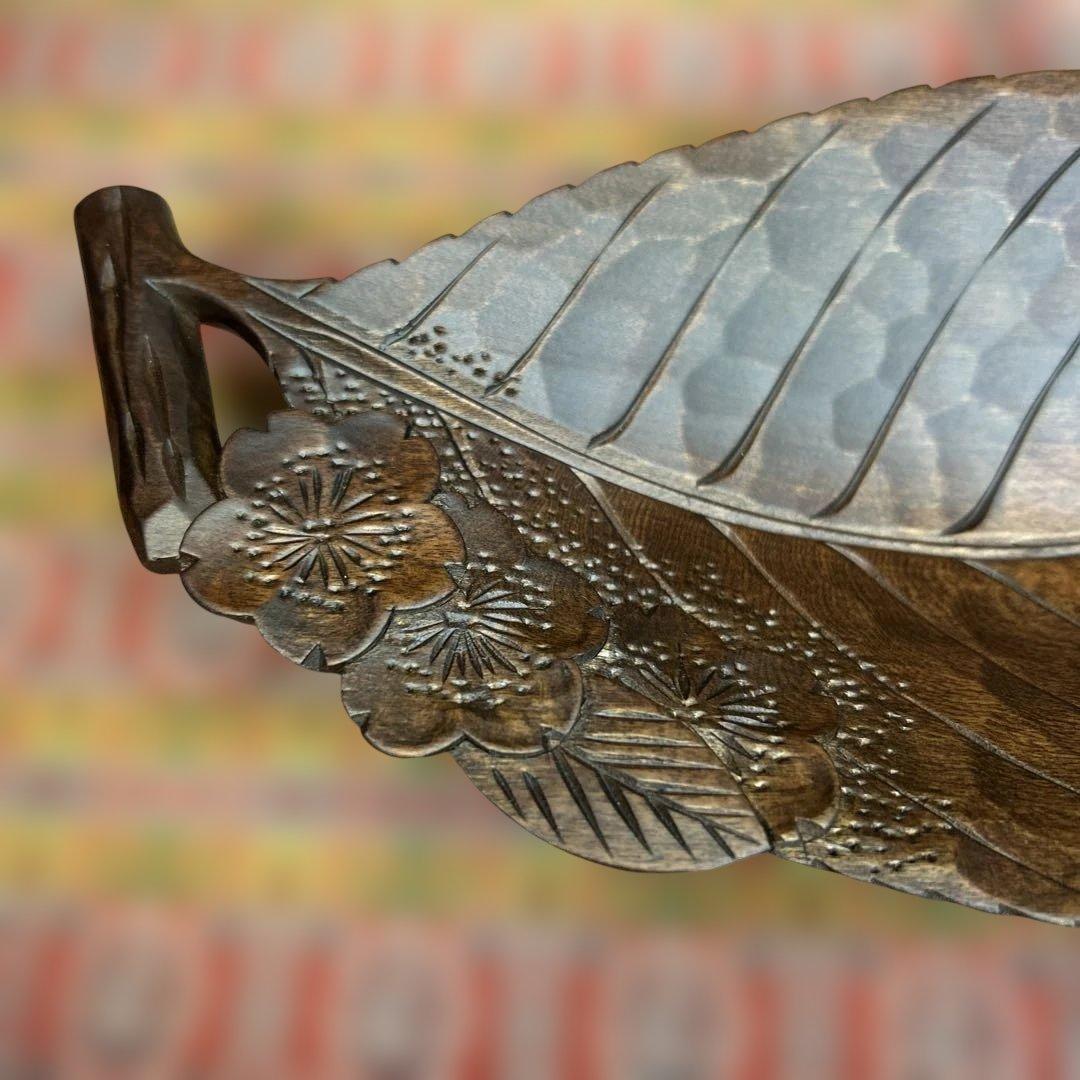 逸品 老舗 一彫堂　軽井沢彫 枝桜彫刻　リーフ型木製お皿　新品未使用 箱入り