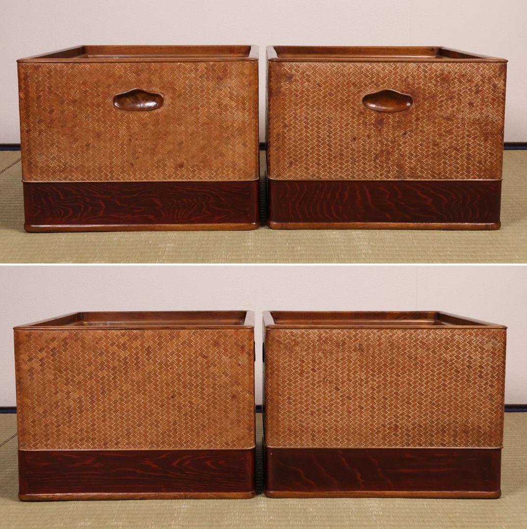 平安 象彦造 桑 網代 角形 火鉢 一対 幅32cm 古民具 木製【MB105