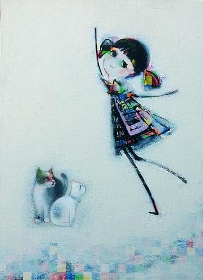 油絵 菅家令子 絵 絵画 インテリア 額付(黒) F4-030419 猫と女の子