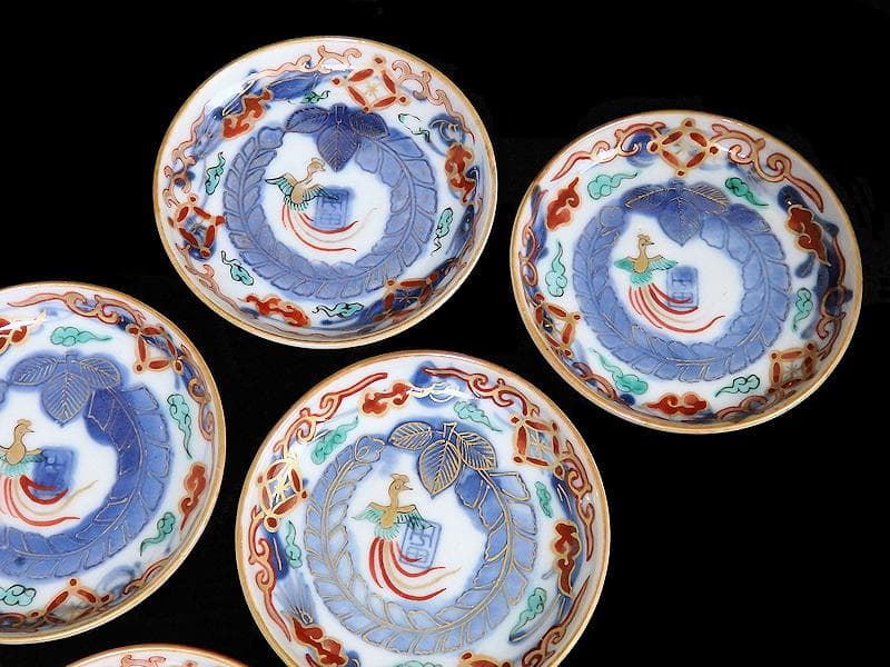 古伊万里 色絵 鳳凰に芭蕉葉の図 手塩皿 5枚 C193AS-VVu