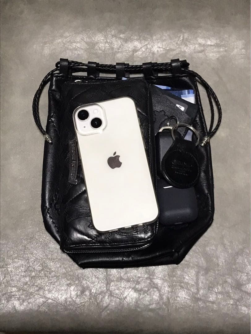 レザー巾着　クロスパッチ、キルティング