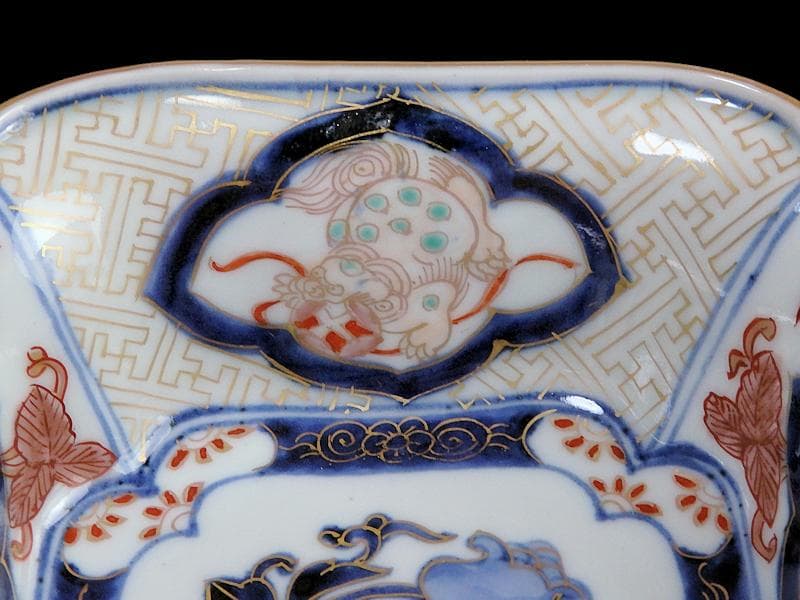 古伊万里　金襴手　獅子に牡丹の図　四方角向付　E990AS-CSb