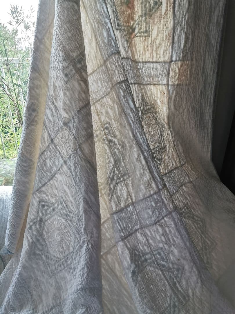 アンティーク 星 風車パッチワーク 小花青磁色刺繍 ふんわりダブル