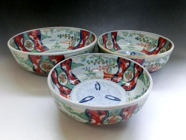 鉢□なます皿14客 赤絵 膾皿 赤絵鉢 窓絵花唐草 蛇の目 明治期 時代物