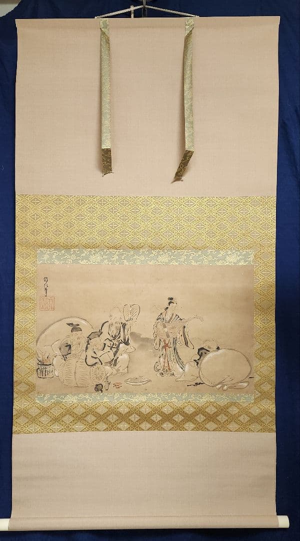 【五福神図】狩野行信 729 江戸狩野 祝時 正月 掛け軸　肉筆