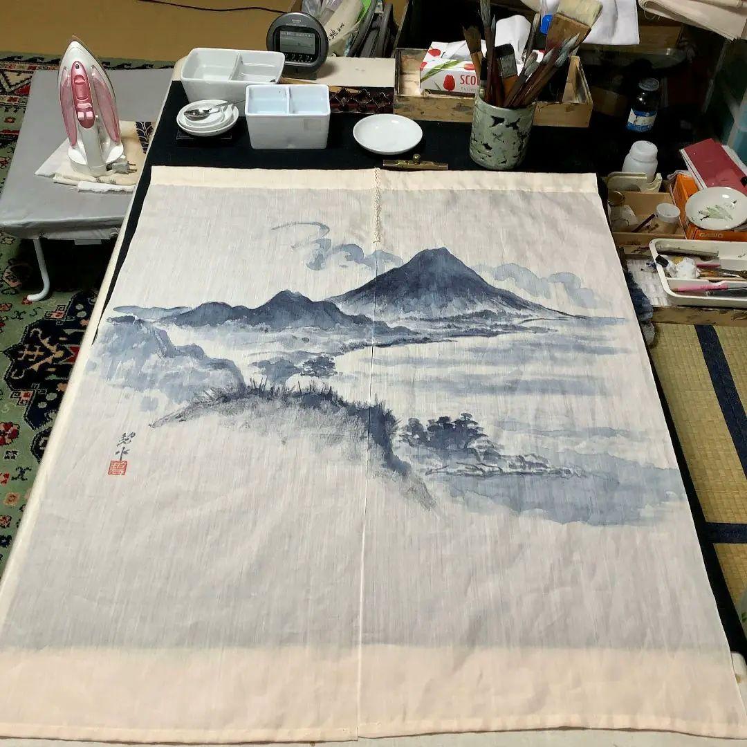 暖簾 本麻 藍墨『薩摩富士 開聞岳』水墨画家による肉筆 一点物