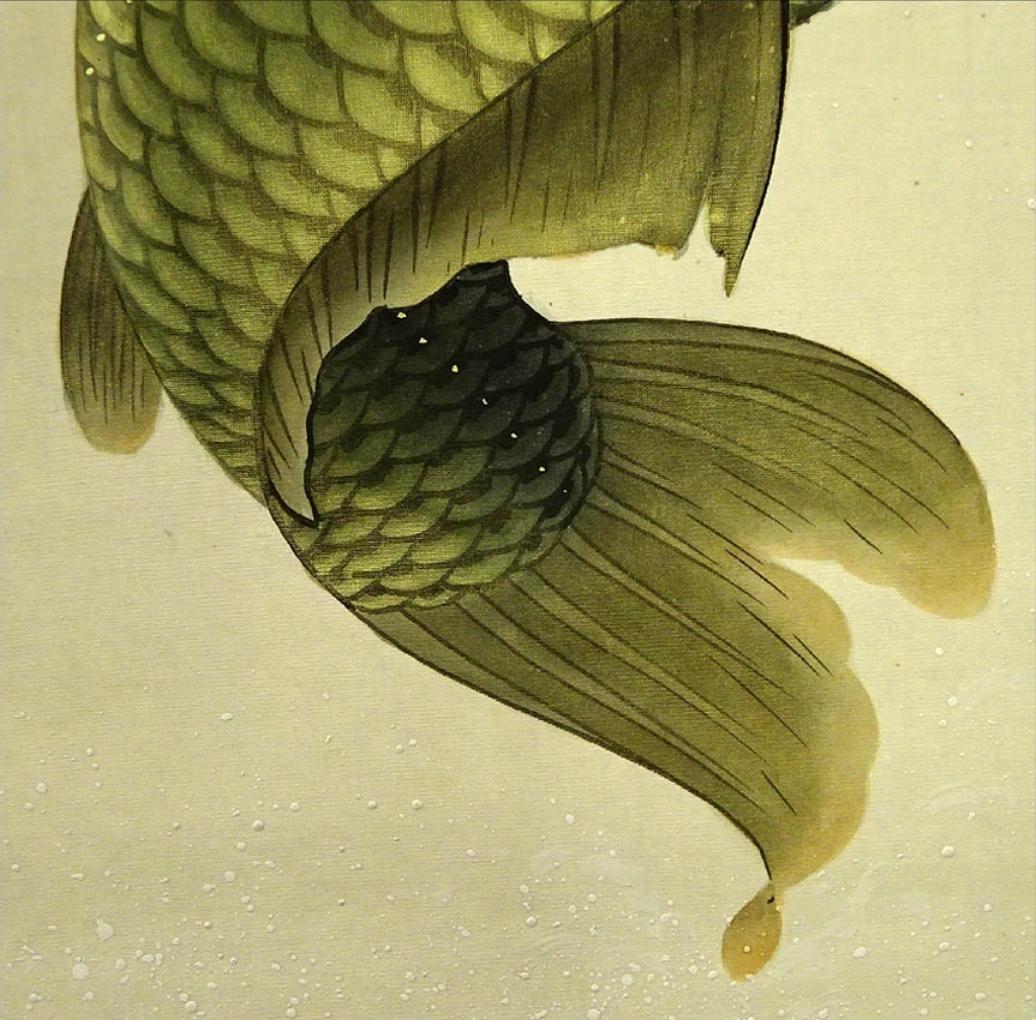 掛軸 坂本宗春『跳ね鯉図』日本画 絹本 肉筆 共箱付 掛け軸 s011425