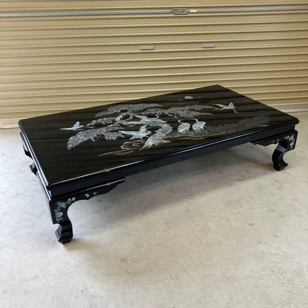 昭和レトロ 螺鈿細工 鶴 松 蝶々 月柄 木製漆塗り 大型座卓 センター