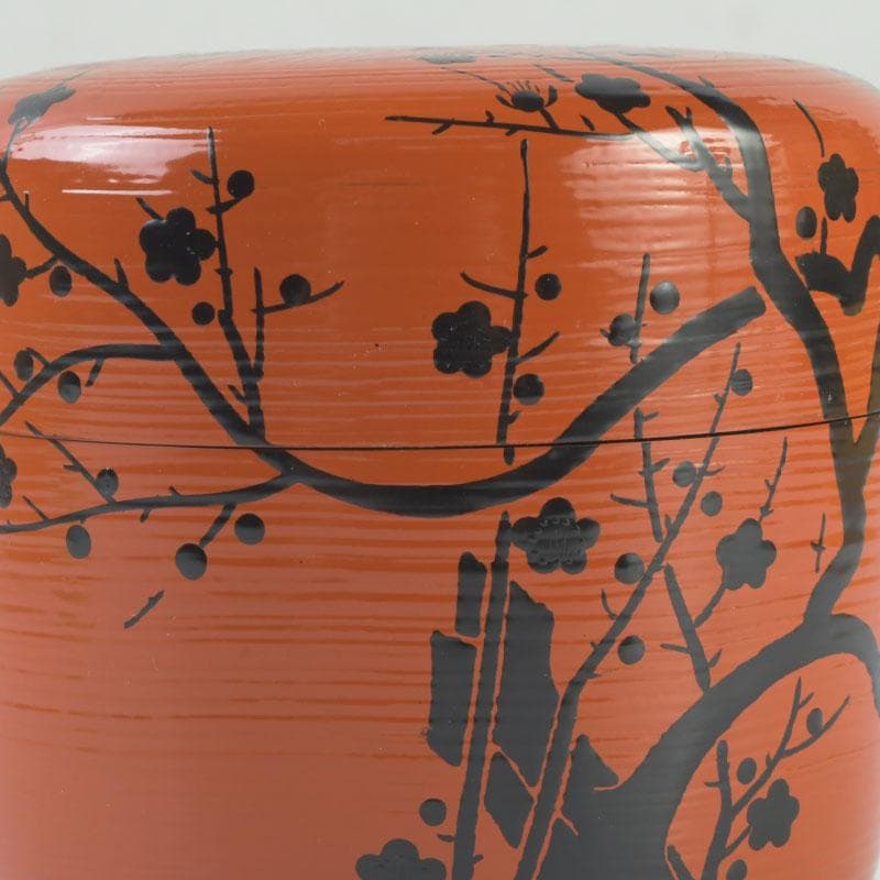 茶道具 山中塗 道場宗廣作 朱刷毛目 梅月蒔絵 大棗 共箱