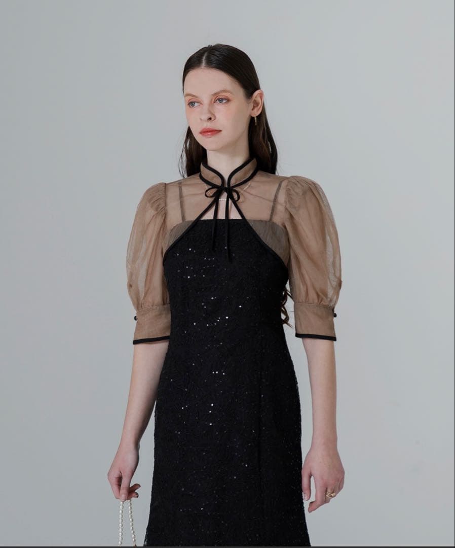 LEJA スパンコール刺しゅうマーメイドパフスリーブ2wayチュールワンピース