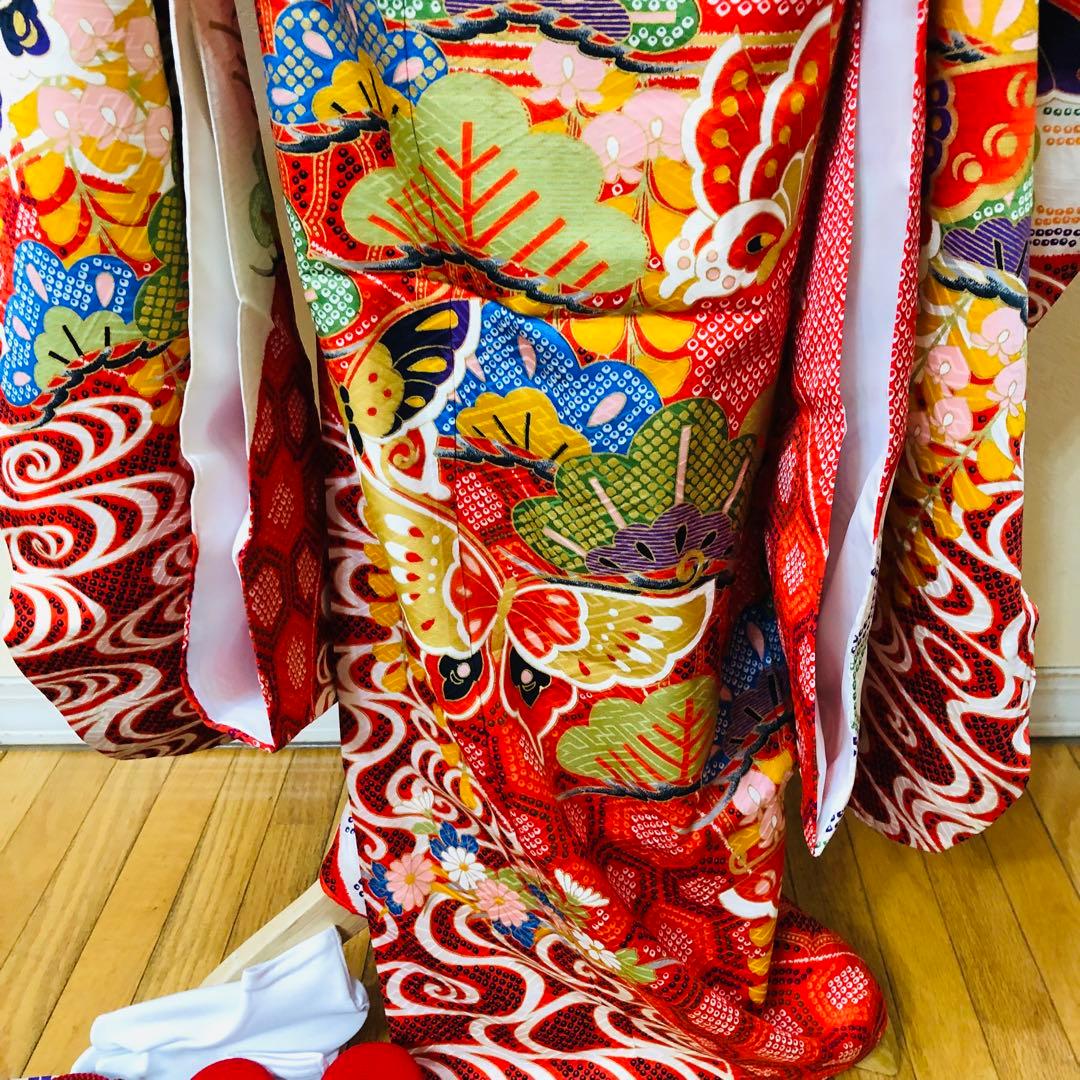 七五三七歳❣️豪華絞り柄アシメトリ花金彩⭐︎正絹全通袋帯刺繍煌びやか⭐︎完全フルセット