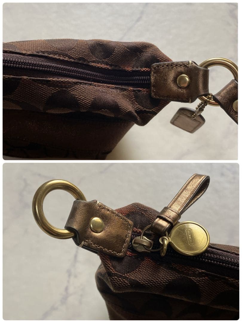 コーチ アクセサリーポーチ ミニハンドバッグ シグネチャー キャンバス 茶