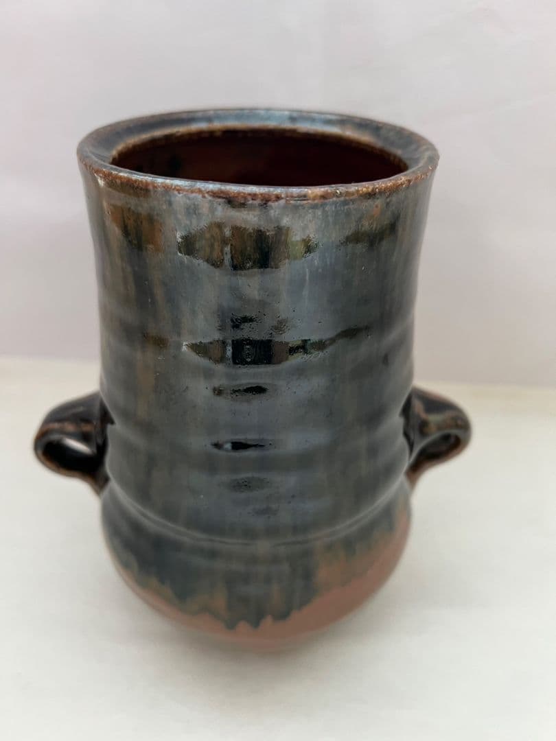 鉄釉双耳壺 (花瓶) 河井久 (師 河井寛次郎)