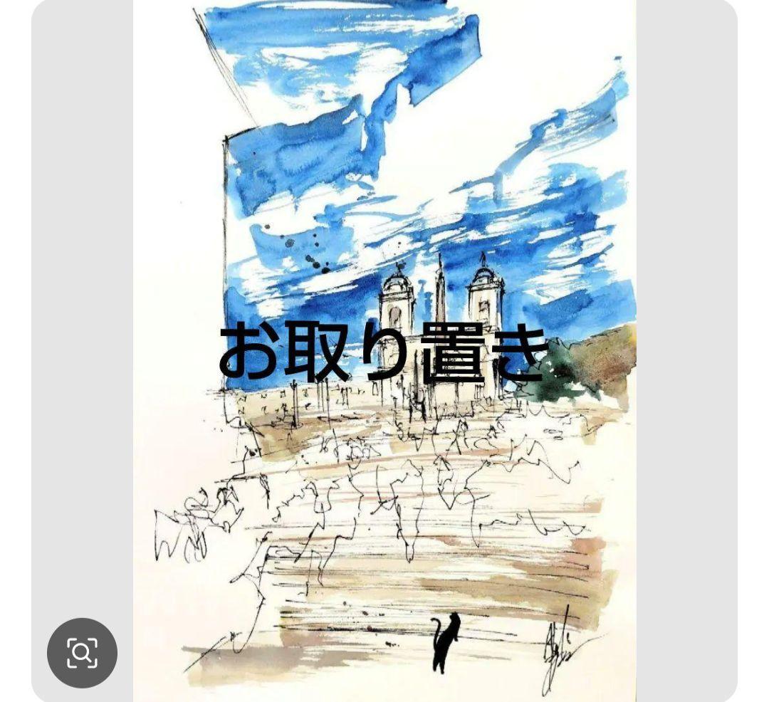 原画#3865 黒猫　カフェ　ヨーロッパ　花　水彩画　ドローイング　風景画　絵画