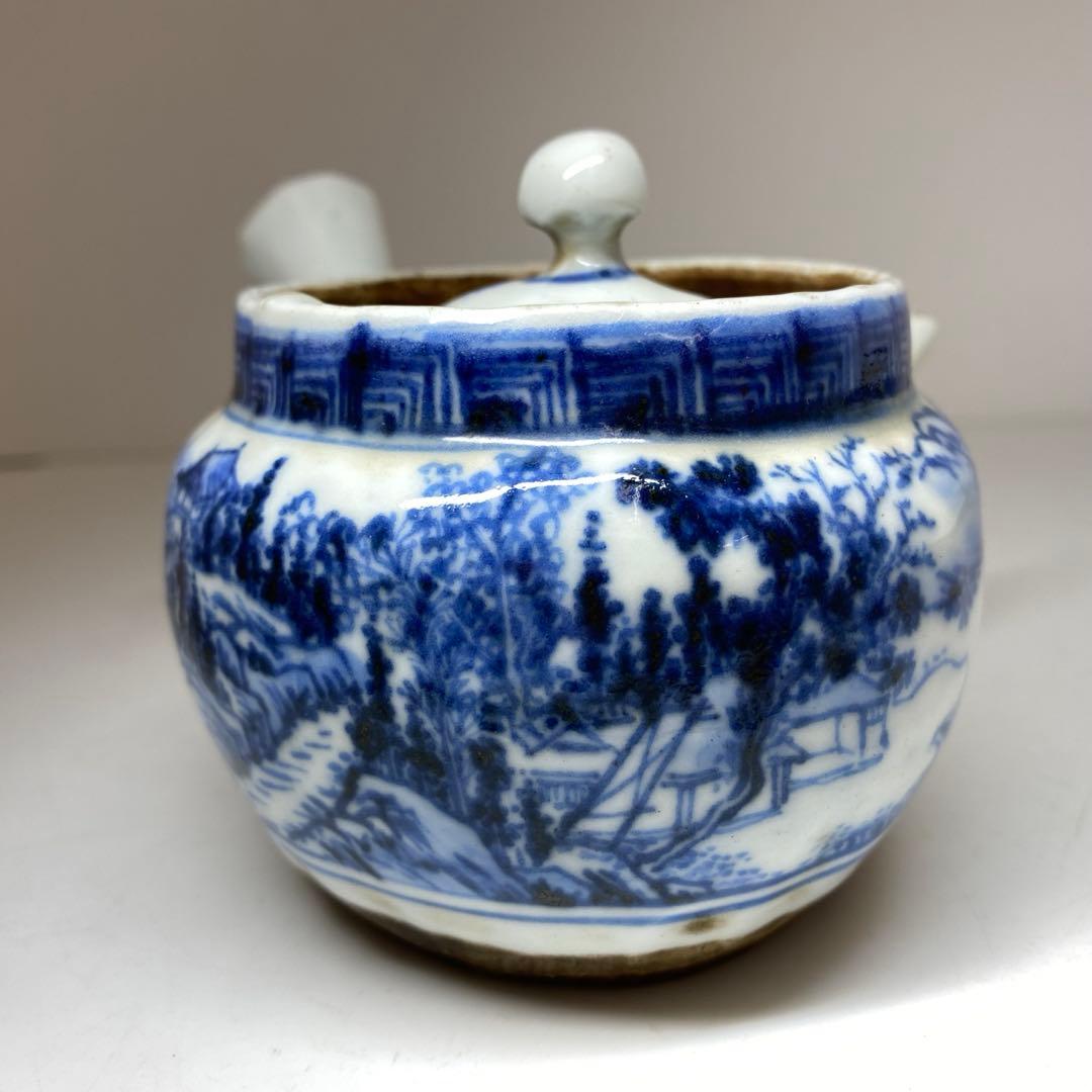 専用青木木米　青花山水画急須取手に銘　　幅約12㎝　東Y7-0116☆2Fトトオ