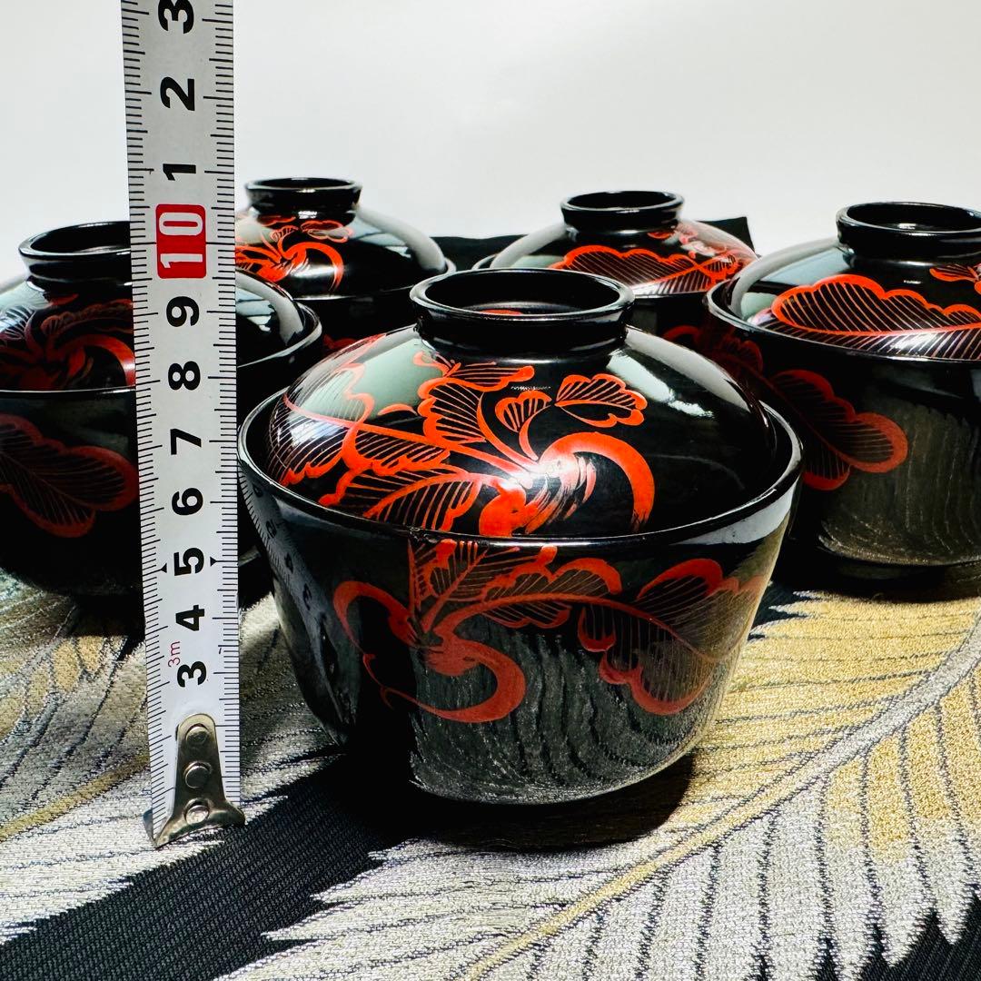 漆器　輪島塗　大根彫　細工　木製　蓋付椀　茶碗　吸物椀　5客