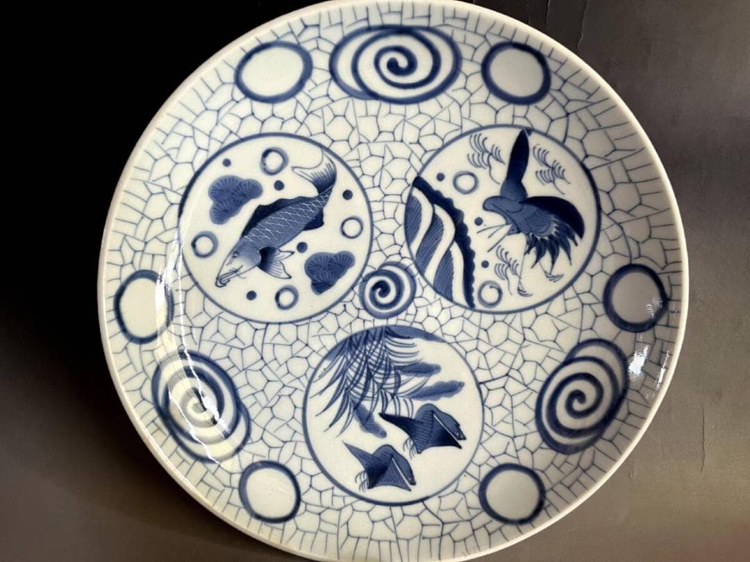 大皿■丸窓絵魚紋染付大皿 鳥 有田 古伊万里 (明治～大正期)骨董■34.8cm
