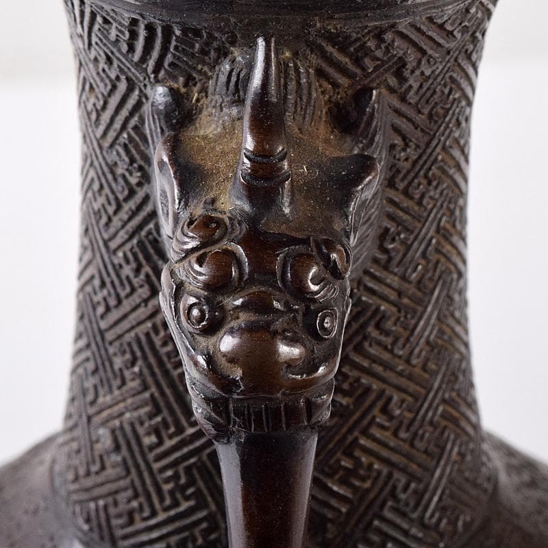 中国 大明宣徳年製 古銅宣徳銅 神獣双耳瓶 花