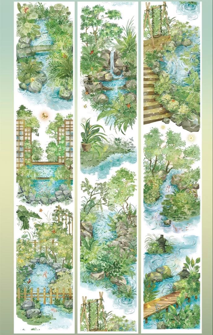 8754】海外 マステ 5m巻売り 貝殻光カッティング 庭 竹の柵 小川