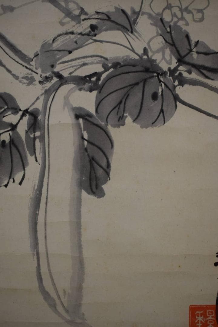 真作/今尾景年/刀豆にカマキリ図/景祥の桐極箱二重箱付/布袋屋掛軸HJ-109