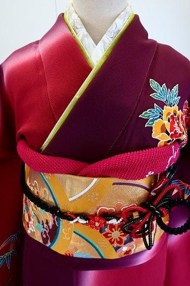 振袖 袋帯 襦袢 帯揚げ 帯締め 重ね衿 6点フルセット 紅型染 赤紫 鴛鴦