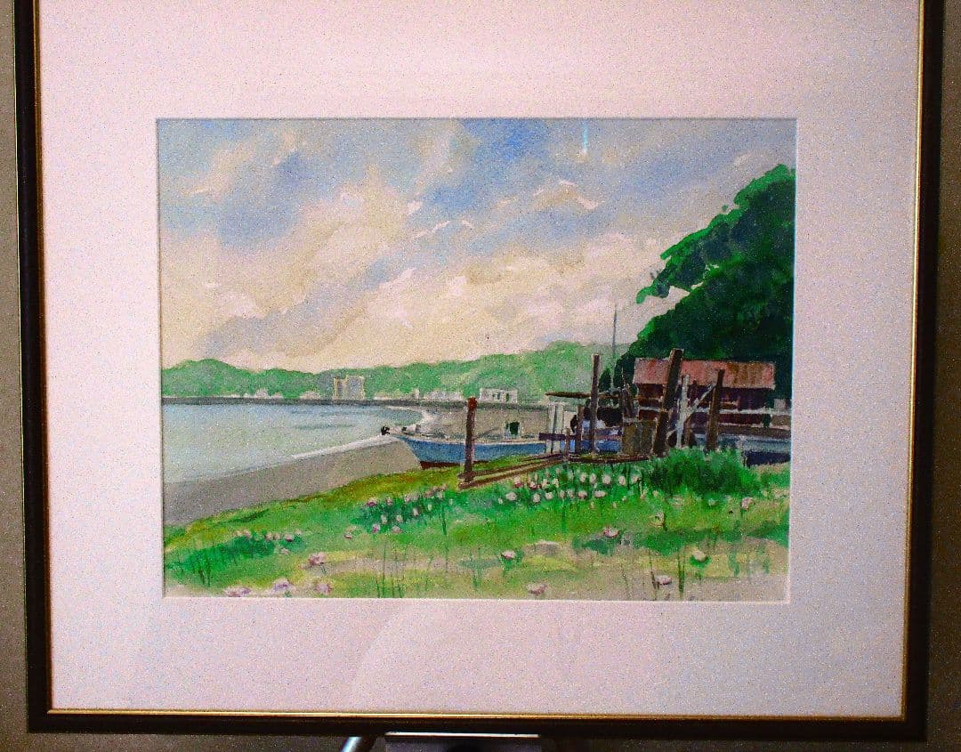 水彩画 海と船の風景 額装済み 原画