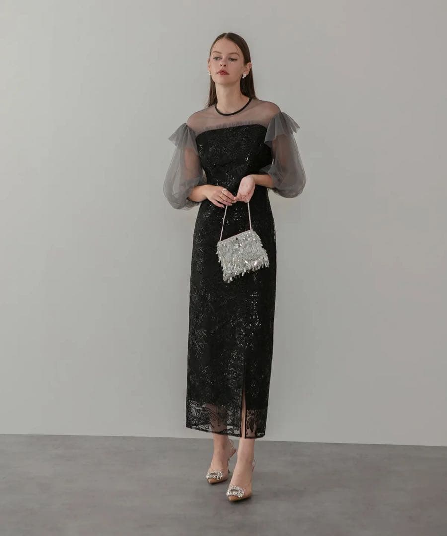 LEJA フラワースパンコールシアーフリルスリーブIラインワンピースドレス S