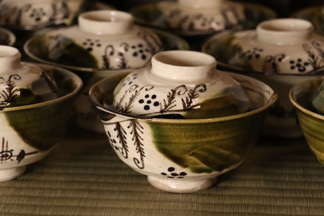 加藤丈助造 織部 蓋茶碗 十客 茶懐石道具 蓋物 陶芸 陶器【MA426】