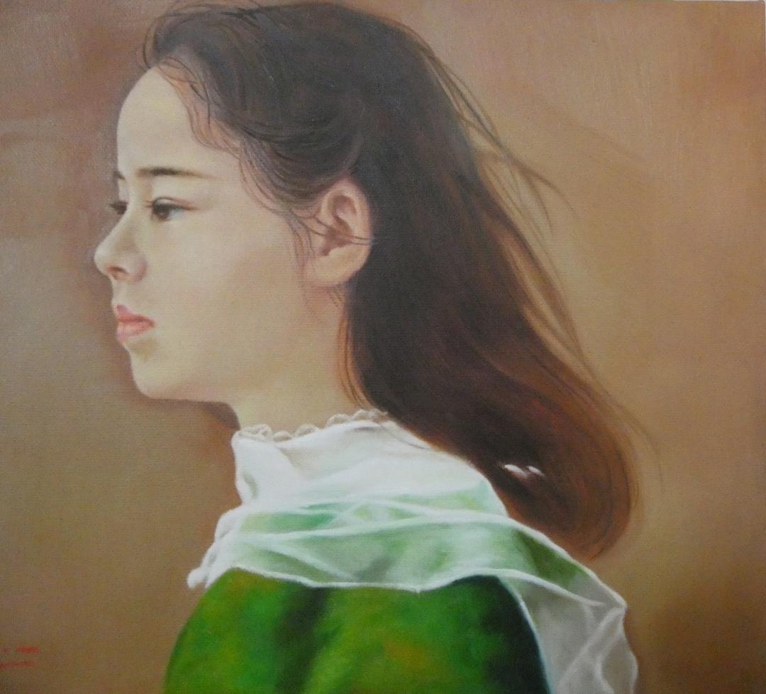 絵画　油絵 人物 藤井勉「微風」 サイン 額装済み 肉筆手描き F6