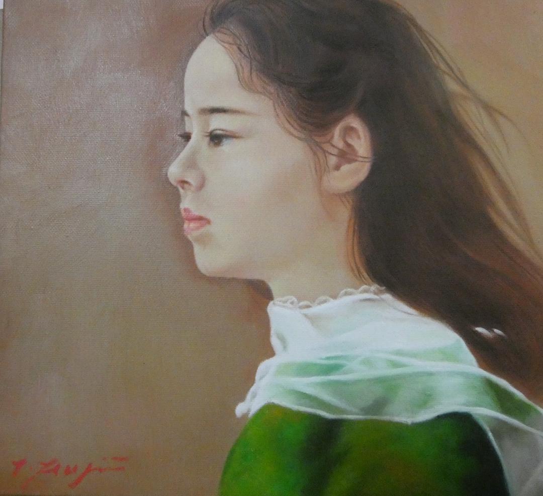 絵画　油絵 人物 藤井勉「微風」 サイン 額装済み 肉筆手描き F6