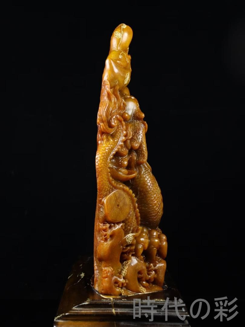 中国古美術【寿山石田黄石 金龍献宝】篆刻家 西鳳作款 旧蔵重器